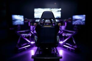 ai gegenereerd een strak en modern racing kuip met een formule wiel, omringd door high Tech monitoren, meeslepend simulatie apparatuur, en een toegewijd gaming omgeving. foto