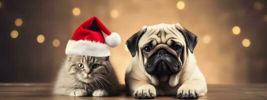 ai gegenereerd feestelijk vakantie spandoek. een kat en hond met de kerstman claus hoed , kopiëren ruimte. foto