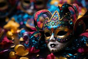 ai gegenereerd verzameling van carnaval maskers met schitteren en kleurrijk decoraties, geregeld artistiek Aan een levendig achtergrond, presentatie van verscheidenheid en creativiteit foto