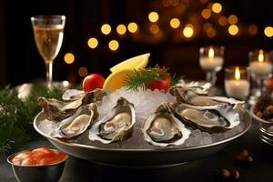 ai gegenereerd vers oesters Aan ijs, versierd met Kerstmis decoraties, reeks Aan een elegant versierd vakantie tafel foto