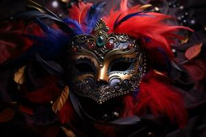 ai gegenereerd een uitwerken carnaval masker versierd met schitteren en levendig veren, reeks tegen een donker, mysterieus achtergrond, markeren de ingewikkeld details en fonkeling foto