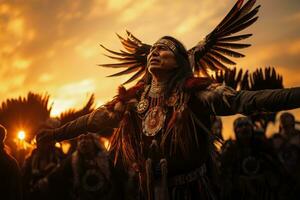ai gegenereerd inheems Amerikaans dansers het uitvoeren van een ceremonieel adelaar dans Bij zonsondergang. foto