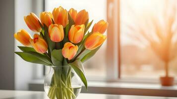 ai gegenereerd boeket van tulpen in de buurt de venster, kopiëren ruimte. foto