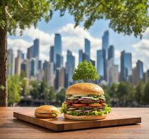 ai gegenereerd Hamburger en Hamburger Aan houten tafel met stadsgezicht achtergrond foto