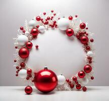 ai gegenereerd Kerstmis krans met rood en wit kerstballen Aan een wit achtergrond foto