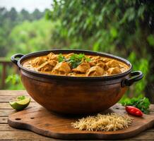 ai gegenereerd kip tikka masala of kip tikka masala in een klei kom Aan een houten achtergrond foto