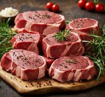 ai gegenereerd rauw rundvlees steak met rozemarijn, zout, en peper Aan een steen bord. foto