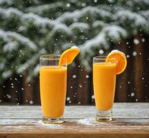 ai gegenereerd twee bril van vers oranje sap Aan een houten tafel in voorkant van sneeuwval foto