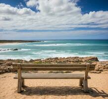 ai gegenereerd houten bank Aan de strand in cabo da roca, Portugal foto