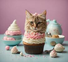 ai gegenereerd schattig kat en heerlijk cupcakes Aan tafel, Aan kleur achtergrond foto