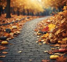 ai gegenereerd herfst steeg met een teddy beer, pompoenen, en bladeren foto