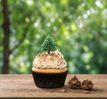 ai gegenereerd Kerstmis koekje met Kerstmis boom Aan top Aan houten tafel en wazig achtergrond foto