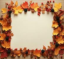 ai gegenereerd kader gemaakt van herfst bladeren en bessen Aan houten achtergrond, top visie foto