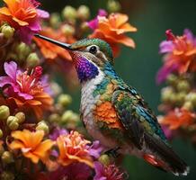 ai gegenereerd mooi kolibrie zittend Aan een Afdeling met bloemen in de achtergrond foto