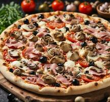 ai gegenereerd pizza met ham, paddestoelen, olijven en tomaten Aan donker steen achtergrond foto