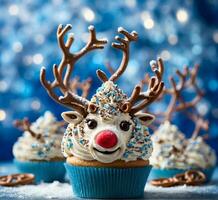 ai gegenereerd Kerstmis cupcakes met hert gewei en sneeuw Aan bokeh achtergrond foto