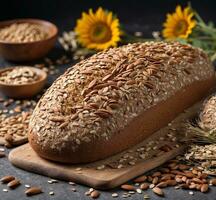 ai gegenereerd brood van volkoren brood met zonnebloem zaden en granen Aan donker achtergrond foto