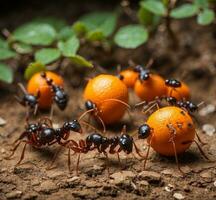 ai gegenereerd detailopname van een groep van zwart mieren draag- oranje fruit Aan de grond foto