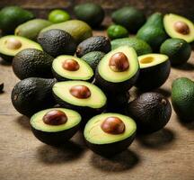 ai gegenereerd avocado Aan een houten tafel in de park. gezond voedsel concept. foto