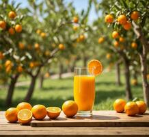 ai gegenereerd een glas van perzik sap en rijp perziken Aan een houten tafel in boomgaard foto