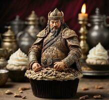 ai gegenereerd een muffin met de figuur van de koning en de cupcakes foto