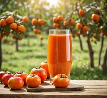 ai gegenereerd een glas van perzik sap en rijp perziken Aan een houten tafel in boomgaard foto