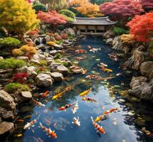 ai gegenereerd koi vis in Japans tuin Bij herfst seizoen. selectief focus. foto