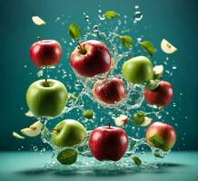 ai gegenereerd vallend rood en groen appels met water plons Aan een turkoois achtergrond foto
