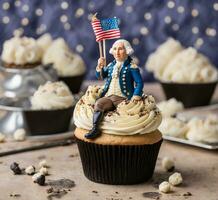 ai gegenereerd patriottisch cupcakes met Amerikaans vlag en notenkraker foto
