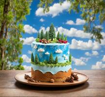 ai gegenereerd taart met Woud Aan top Aan houten tafel en blauw lucht achtergrond foto