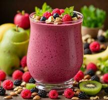 ai gegenereerd gezond ontbijt - smoothie met vers fruit en bessen, selectief focus foto