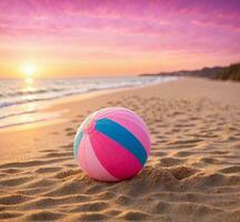ai gegenereerd kleurrijk strand bal Aan de zanderig strand Bij zonsondergang. vakantie concept foto