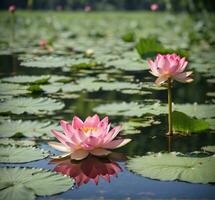 ai gegenereerd mooi roze lotus bloem in de vijver met groen bladeren. foto