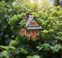 ai gegenereerd houten speelgoed- huis in de tuin. de concept van echt landgoed. foto