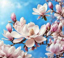 ai gegenereerd mooi magnolia bloemen Aan donker blauw achtergrond. voorjaar bloemen. foto