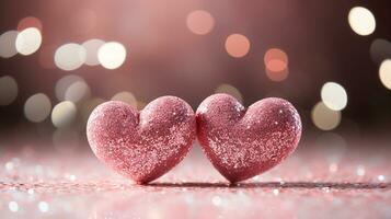ai gegenereerd sprankelend harten vorm Aan de roze schitteren met bokeh licht achtergrond. voor Valentijn vieren concept. generatief ai foto