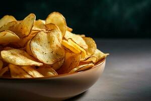 ai gegenereerd watertanden tevredenheid gevonden in de krokant en heerlijk aardappel chips foto