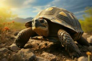 ai gegenereerd grond niveau charme een schildpadden gedetailleerd portret in haar natuurlijk leefgebied foto