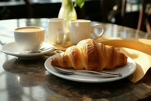 ai gegenereerd ochtend- toegeeflijkheid croissant gekoppeld met aromatisch koffie Aan een tafel foto