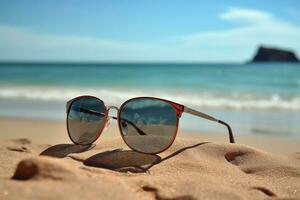 ai gegenereerd kust essentials elegant zonnebril resting tegen een zanderig strand backdrop foto