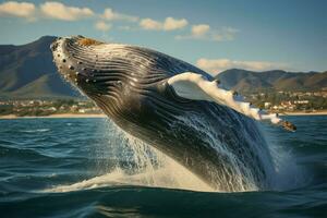 ai gegenereerd kust schouwspel een walvis in midden lucht, een boeiend marinier dans foto