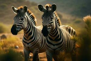 ai gegenereerd gestreept schoonheid zebra's portret reeks tegen de levendig Woud backdrop foto