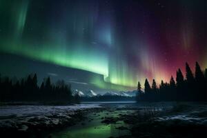 ai gegenereerd de nacht lucht dansen met tinten in een mooi Aurora foto