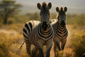 ai gegenereerd gestreept schoonheid zebra's portret reeks tegen de levendig Woud backdrop foto