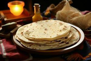 ai gegenereerd gezond tafereel een tafel versierd met eigengemaakt roti chapati foto