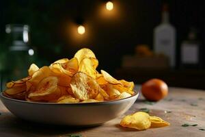 ai gegenereerd aardappel chips perfectie knapperig, gouden bijt van verrukkelijk, gekruid genot foto