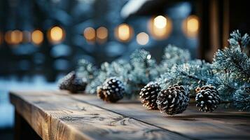 ai gegenereerd houten tafel tegen een achtergrond van een wazig winter landschap. en Aan de tafel Daar is een Spar Afdeling met kegels. dorp in de bergen. kopiëren ruimte. foto