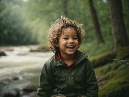 ai gegenereerd kind lacht zittend in natuur, Woud, rivier, emoties, gekruld kind, jongen foto