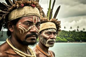 ai gegenereerd twee mannen met tribal hoofddrere en geschilderd gezichten foto