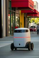 ai gegenereerd levering robot is het rijden naar beneden stad straat. autonoom laatste mijl levering concept. ai gegenereerd foto